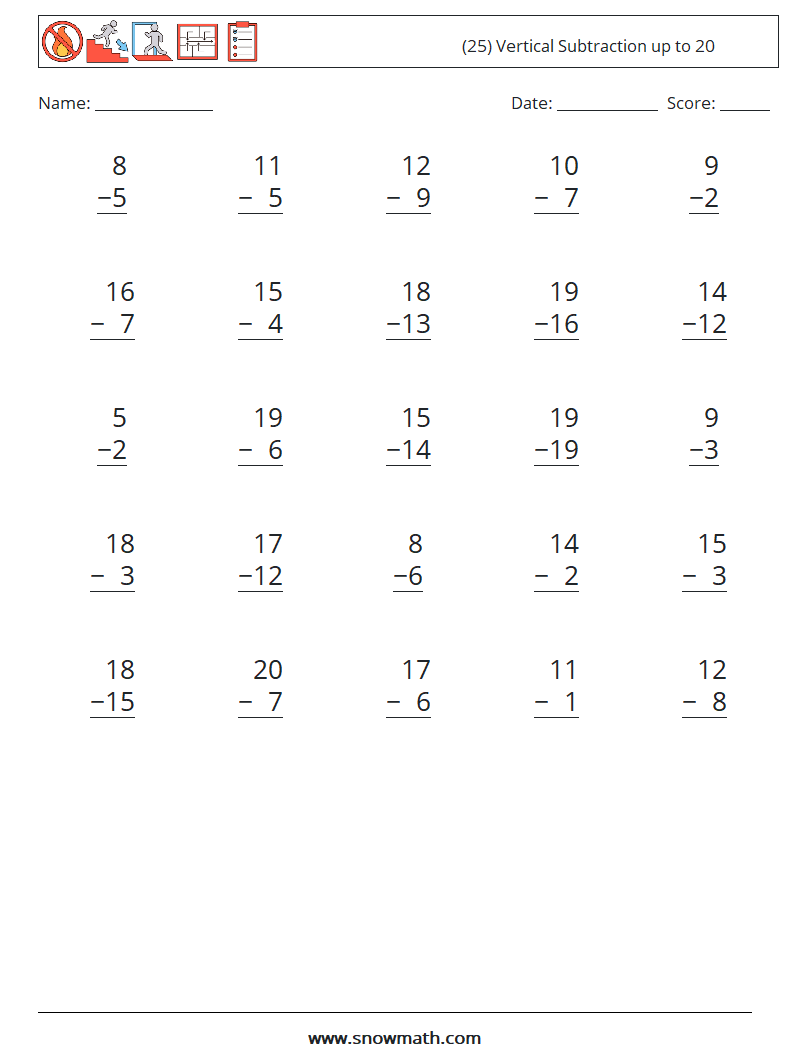 (25) Vertical Subtraction up to 20 Math Worksheets 6