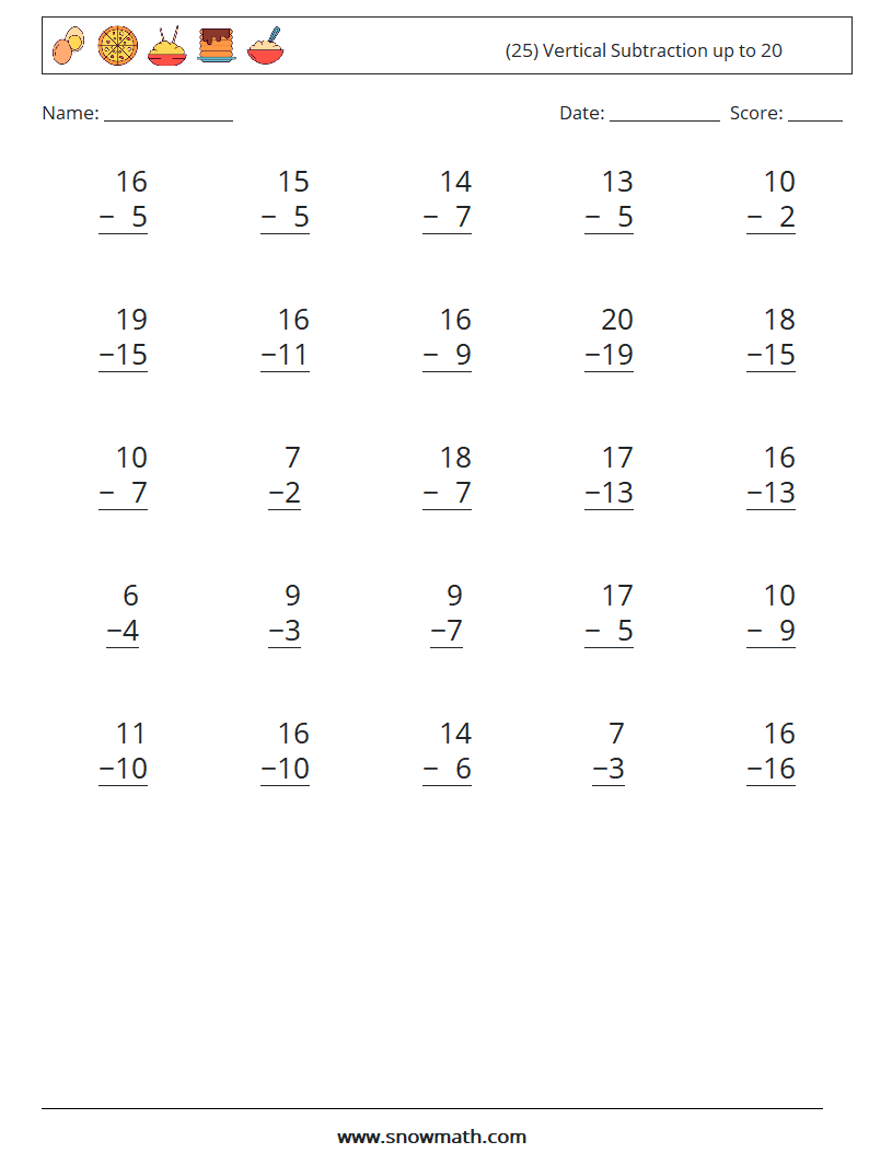 (25) Vertical Subtraction up to 20 Math Worksheets 7