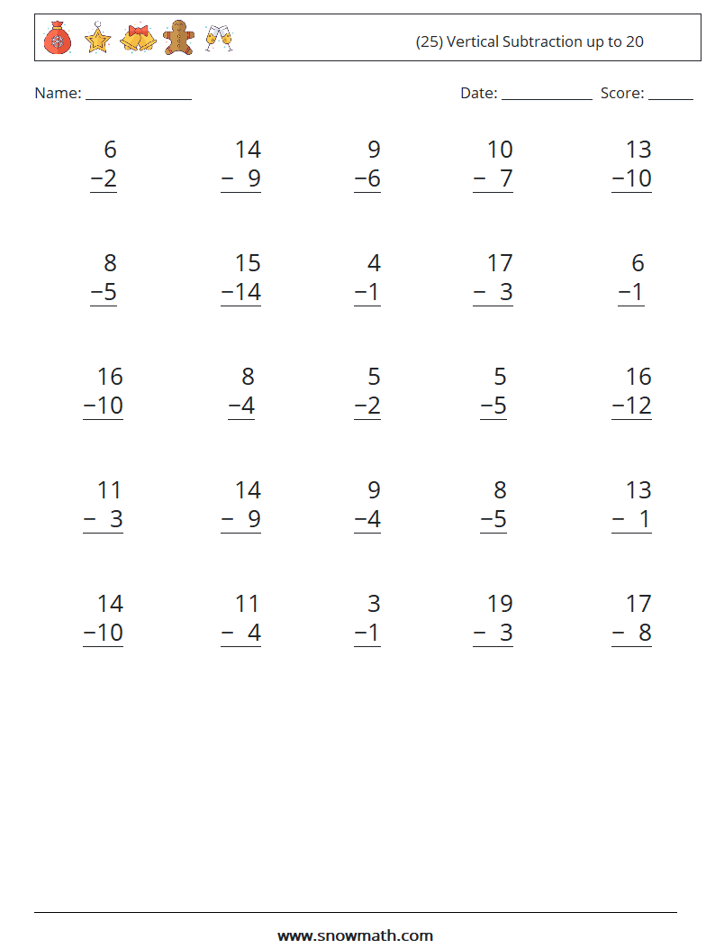 (25) Vertical Subtraction up to 20 Math Worksheets 8