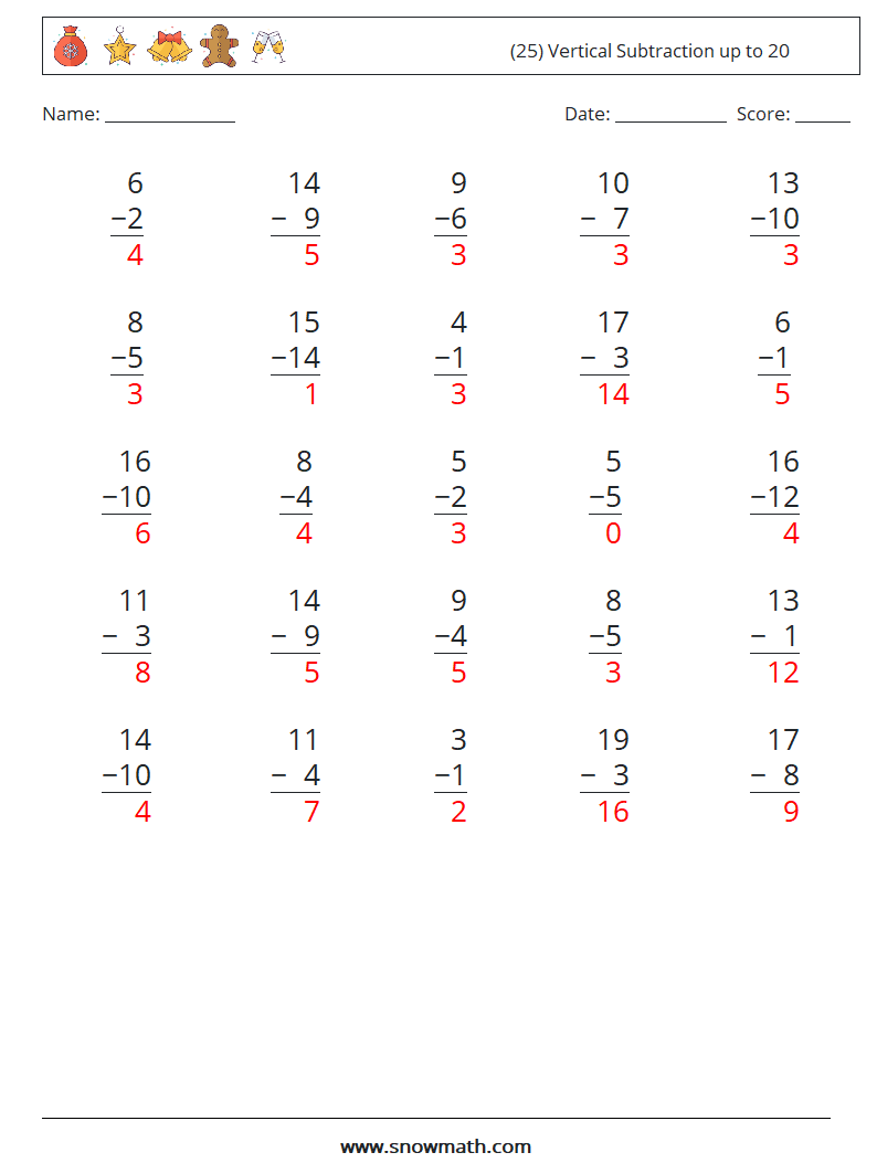 (25) Vertical Subtraction up to 20 Math Worksheets 8 Question, Answer