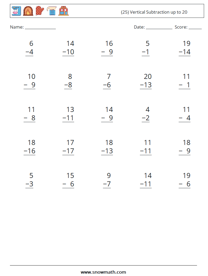 (25) Vertical Subtraction up to 20 Math Worksheets 9