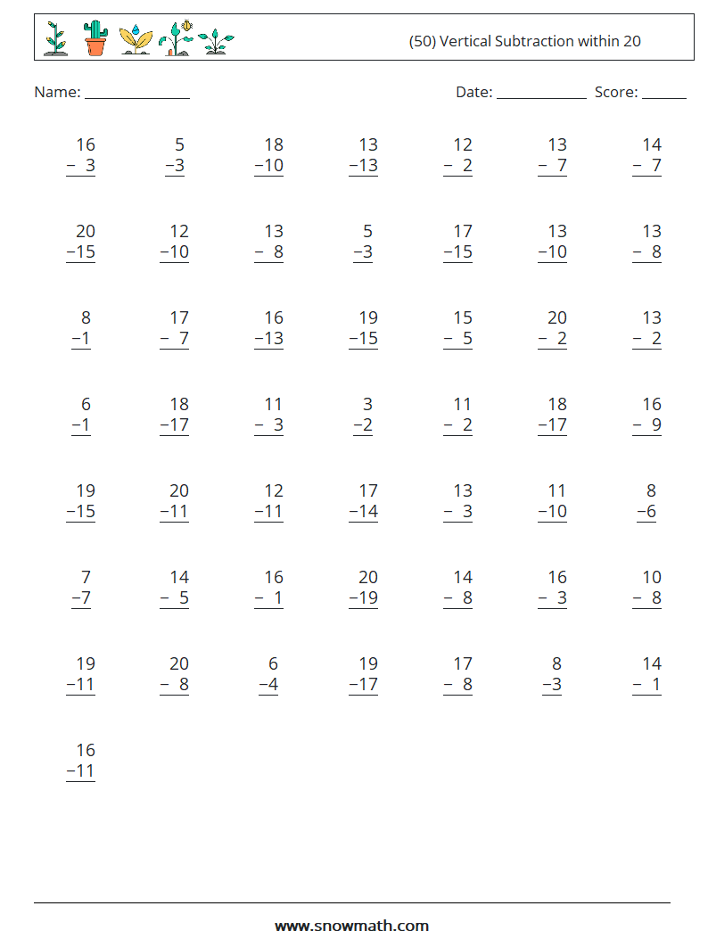 (50) Vertical Subtraction within 20 Math Worksheets 1