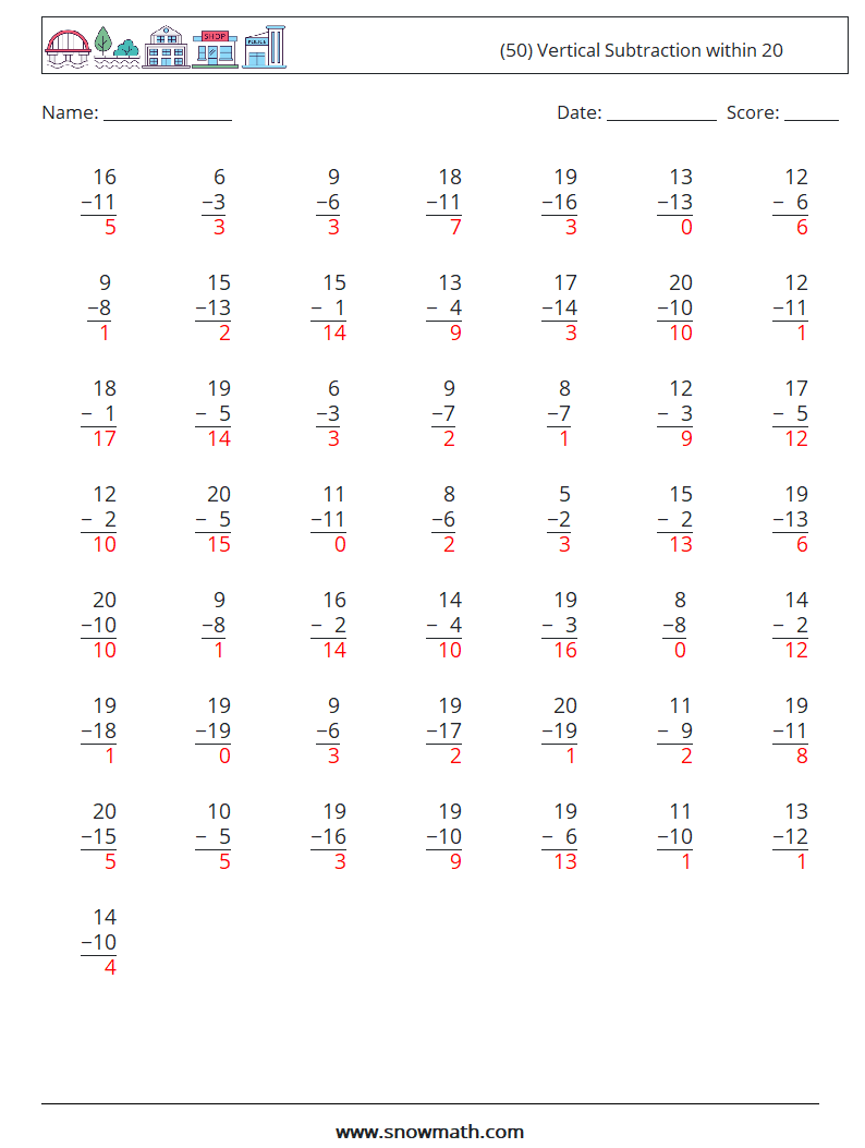 (50) Vertical Subtraction within 20 Math Worksheets 11 Question, Answer