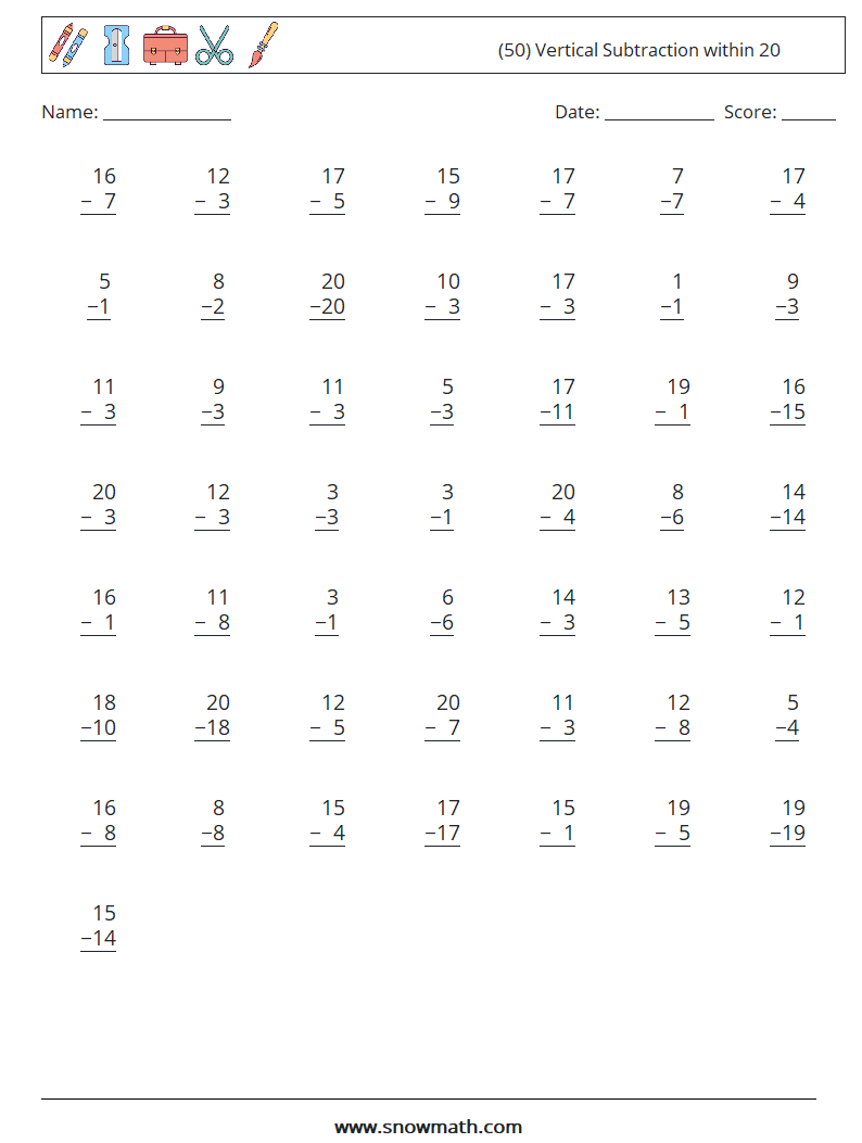 (50) Vertical Subtraction within 20 Math Worksheets 2