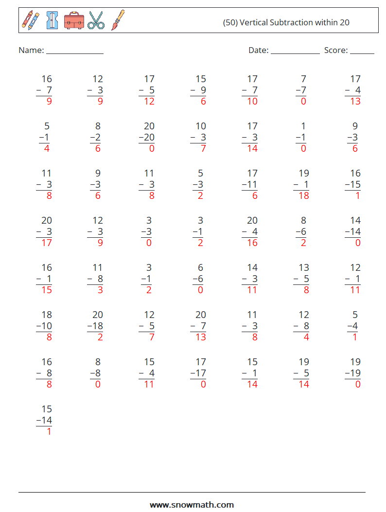 (50) Vertical Subtraction within 20 Math Worksheets 2 Question, Answer