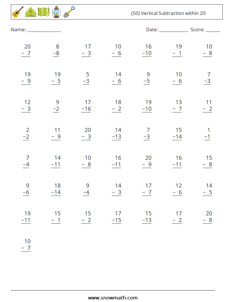 (50) Vertical Subtraction within 20 Math Worksheets 3