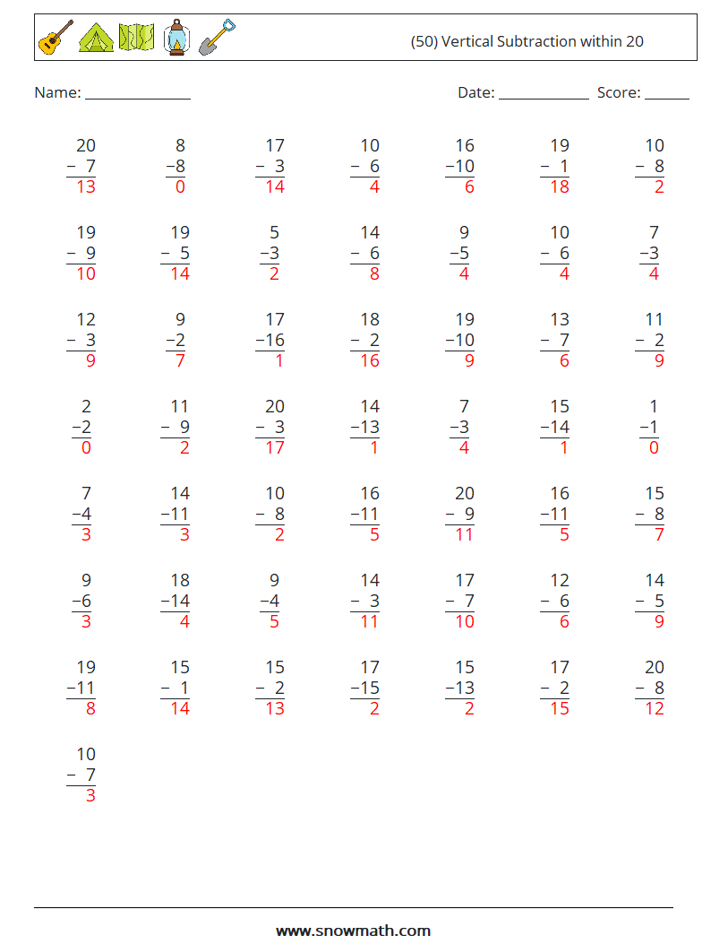 (50) Vertical Subtraction within 20 Math Worksheets 3 Question, Answer