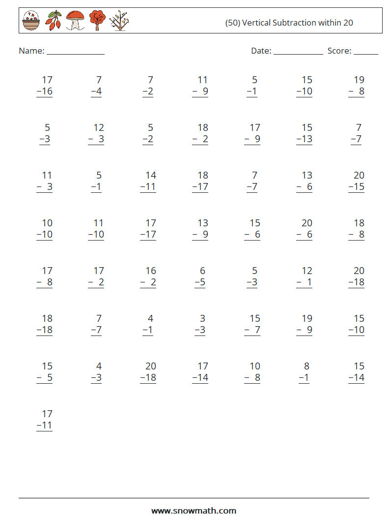 (50) Vertical Subtraction within 20 Math Worksheets 5