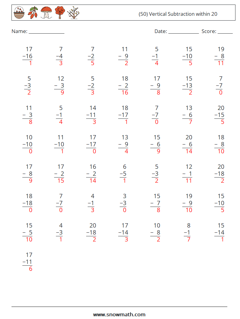 (50) Vertical Subtraction within 20 Math Worksheets 5 Question, Answer