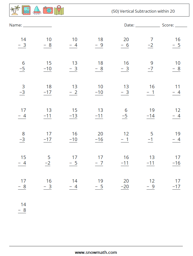 (50) Vertical Subtraction within 20 Math Worksheets 7