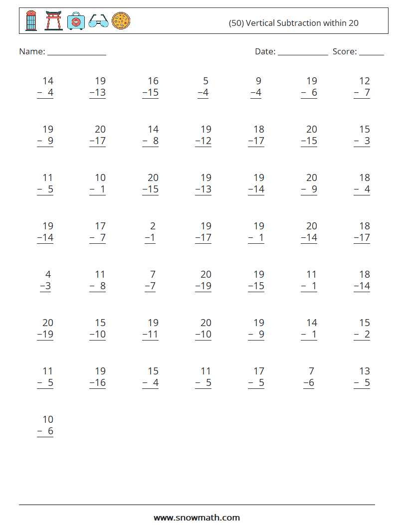 (50) Vertical Subtraction within 20 Math Worksheets 8