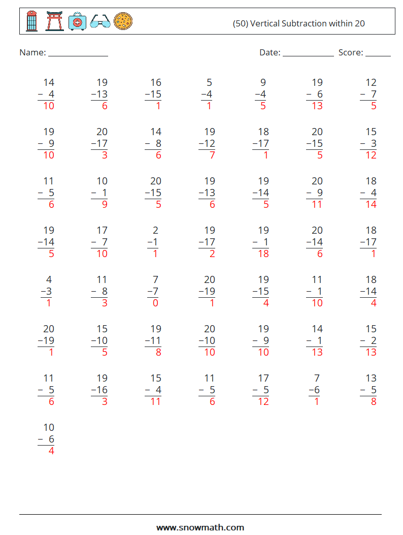 (50) Vertical Subtraction within 20 Math Worksheets 8 Question, Answer