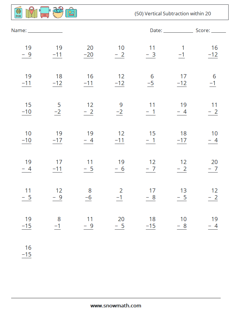 (50) Vertical Subtraction within 20 Math Worksheets 9