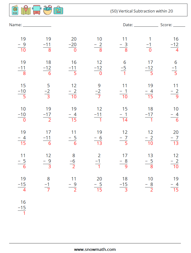 (50) Vertical Subtraction within 20 Math Worksheets 9 Question, Answer
