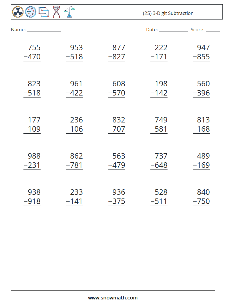 (25) 3-Digit Subtraction Math Worksheets 10