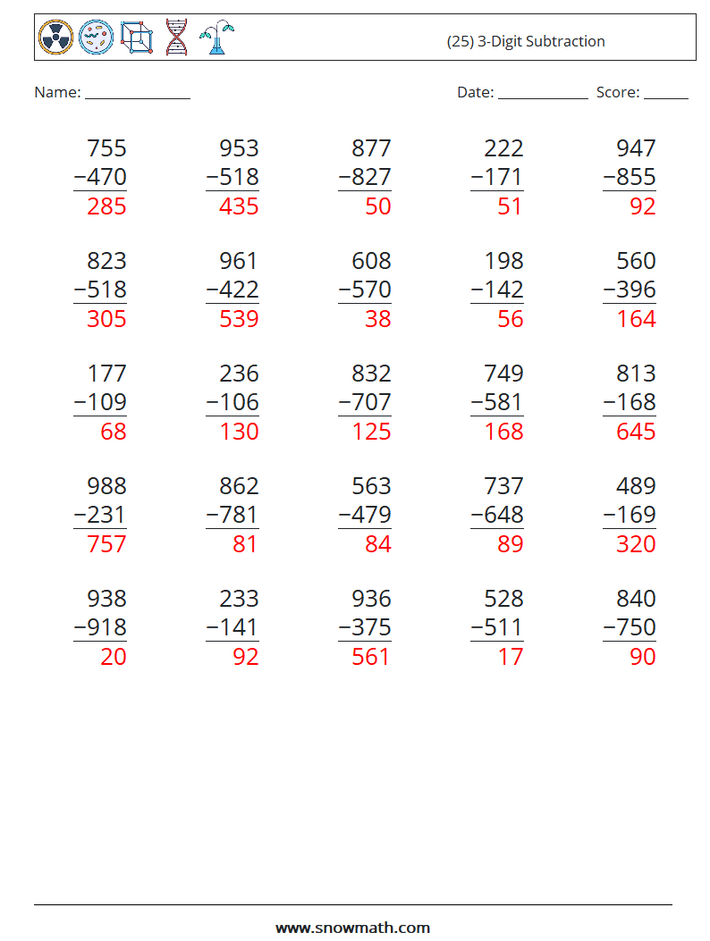 (25) 3-Digit Subtraction Math Worksheets 10 Question, Answer