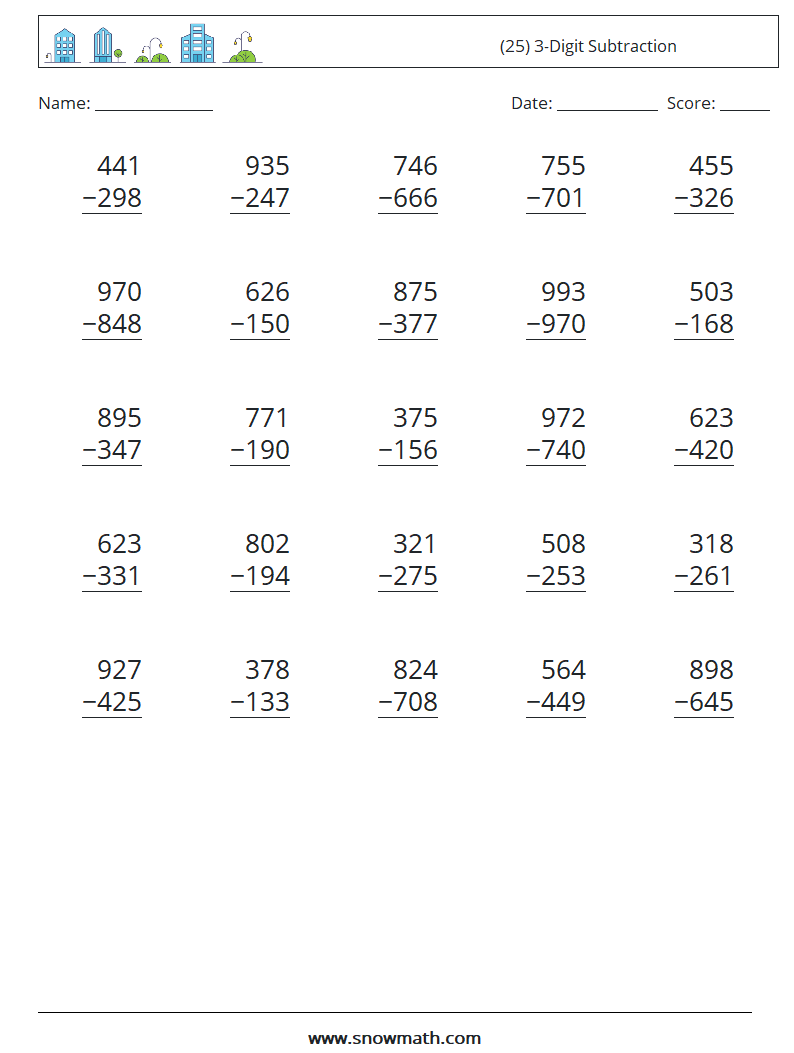 (25) 3-Digit Subtraction Math Worksheets 13