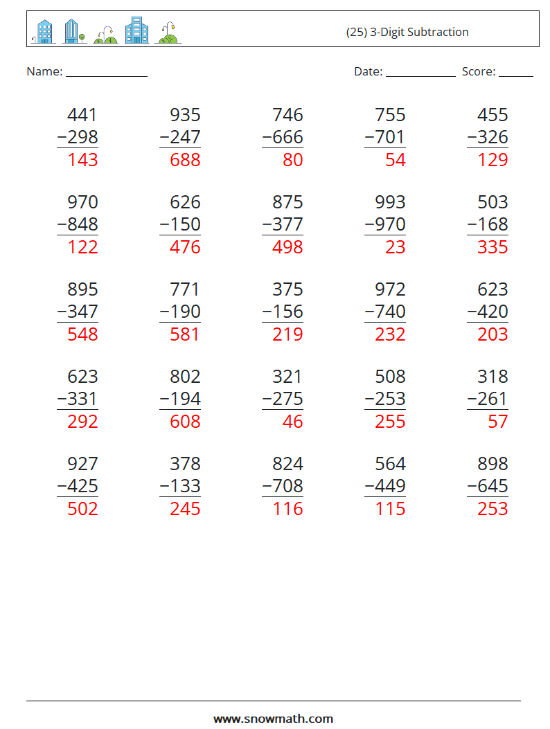 (25) 3-Digit Subtraction Math Worksheets 13 Question, Answer