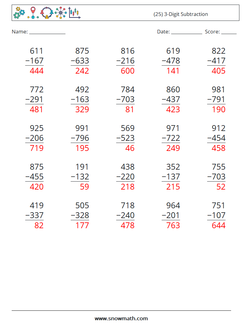 (25) 3-Digit Subtraction Math Worksheets 16 Question, Answer