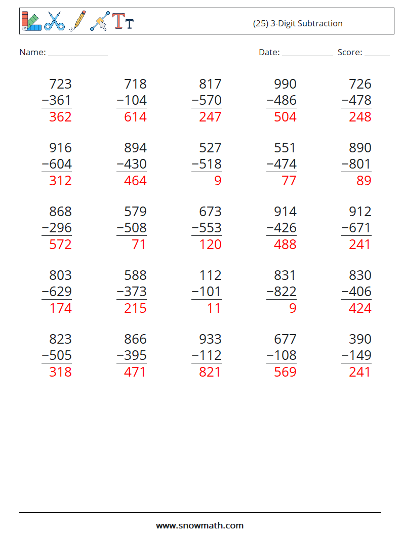 (25) 3-Digit Subtraction Math Worksheets 18 Question, Answer