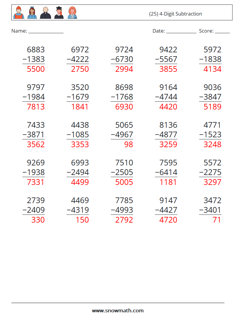 (25) 4-Digit Subtraction Math Worksheets 10 Question, Answer