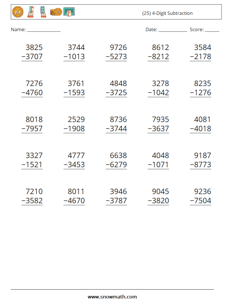 (25) 4-Digit Subtraction Math Worksheets 12