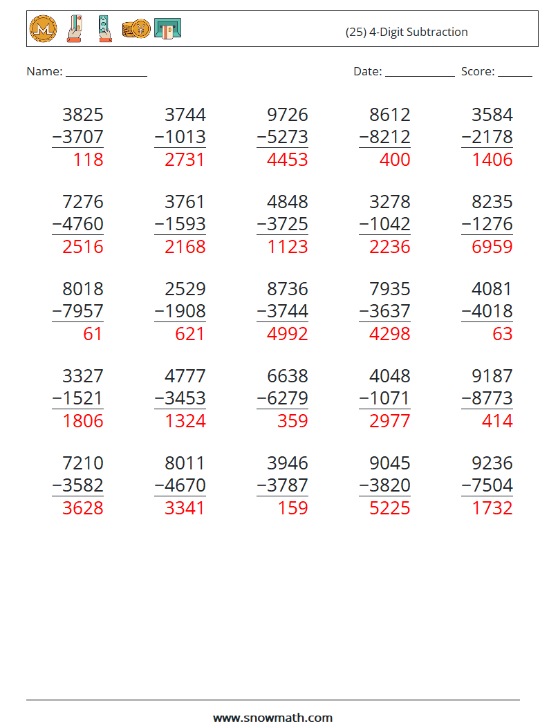(25) 4-Digit Subtraction Math Worksheets 12 Question, Answer