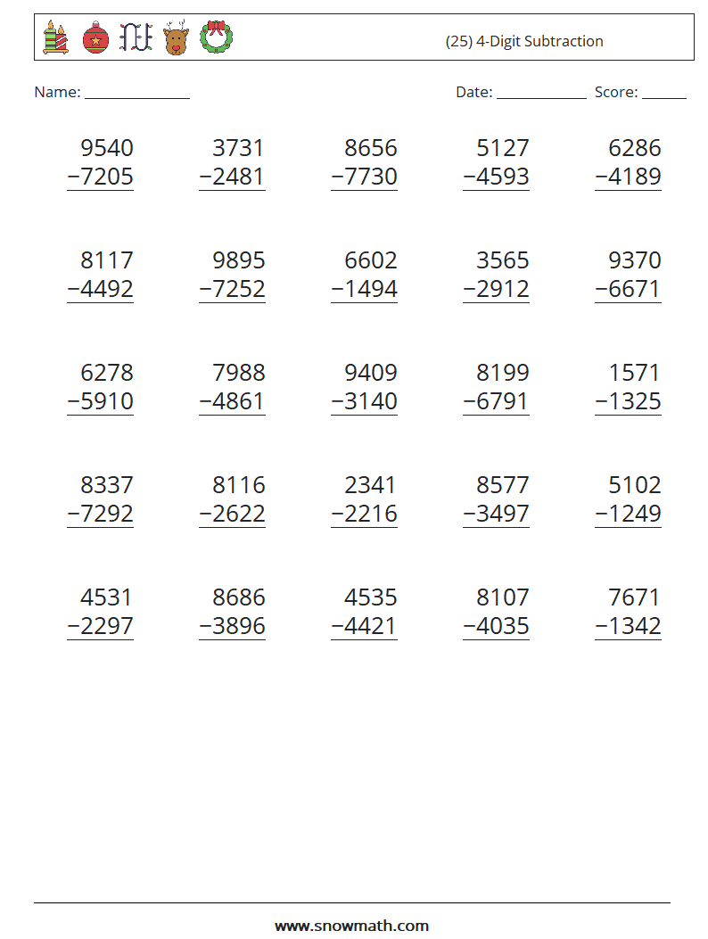 (25) 4-Digit Subtraction Math Worksheets 13