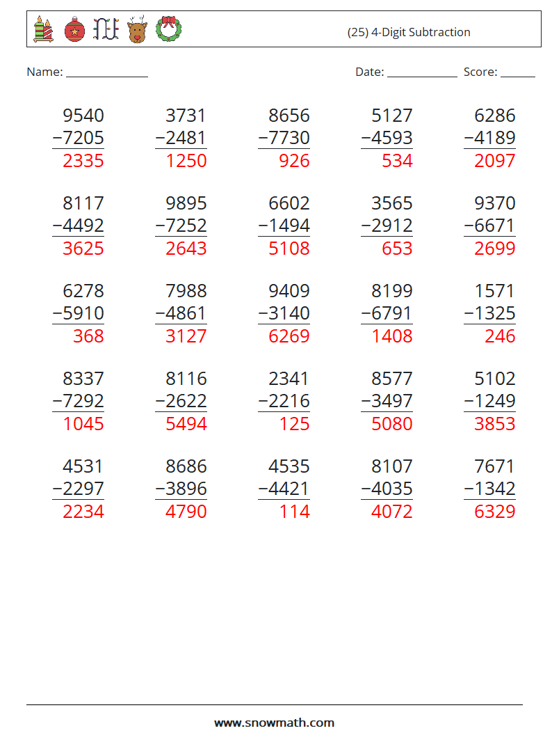(25) 4-Digit Subtraction Math Worksheets 13 Question, Answer