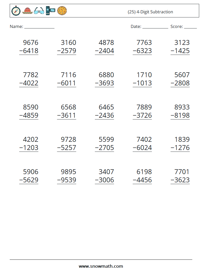 (25) 4-Digit Subtraction Math Worksheets 15