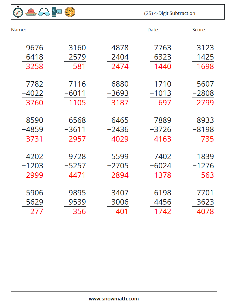 (25) 4-Digit Subtraction Math Worksheets 15 Question, Answer