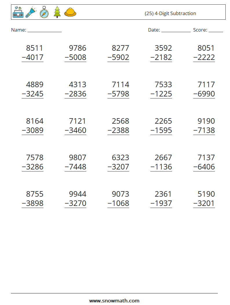 (25) 4-Digit Subtraction Math Worksheets 16