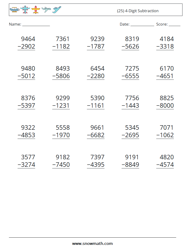 (25) 4-Digit Subtraction Math Worksheets 17