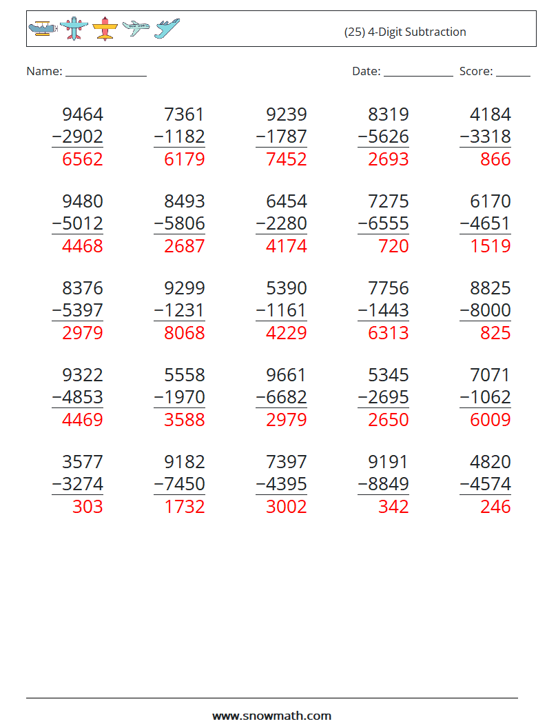 (25) 4-Digit Subtraction Math Worksheets 17 Question, Answer