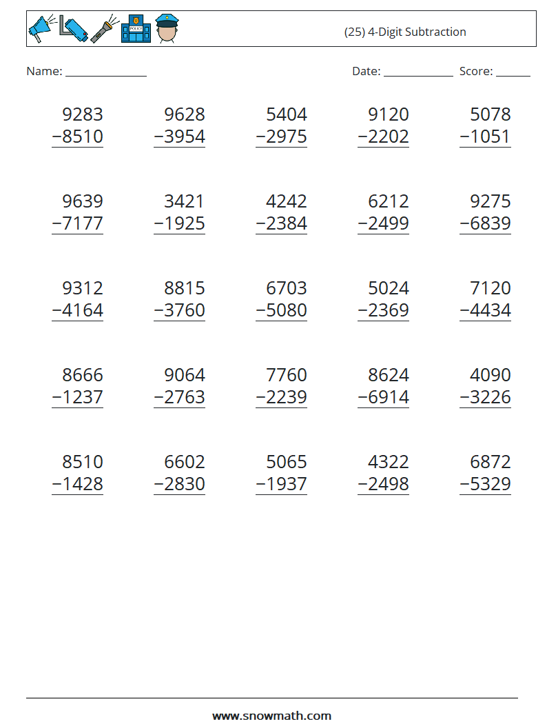 (25) 4-Digit Subtraction Math Worksheets 18