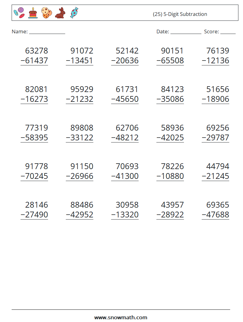 (25) 5-Digit Subtraction Math Worksheets 10