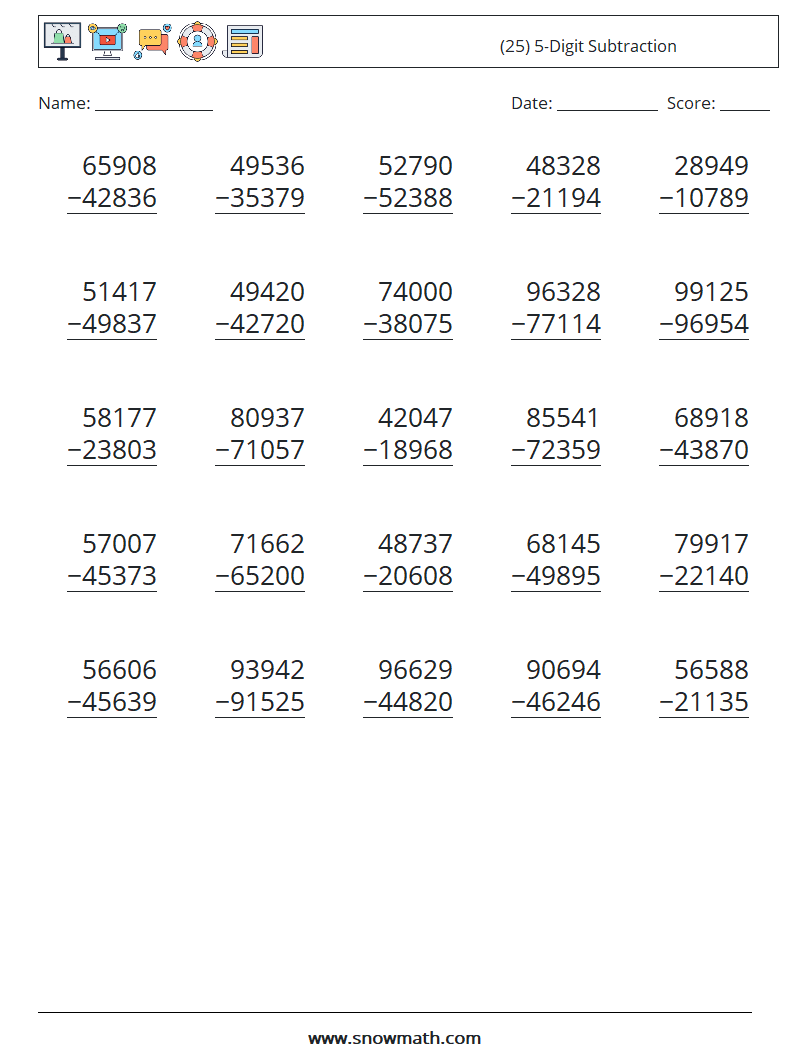 (25) 5-Digit Subtraction Math Worksheets 11