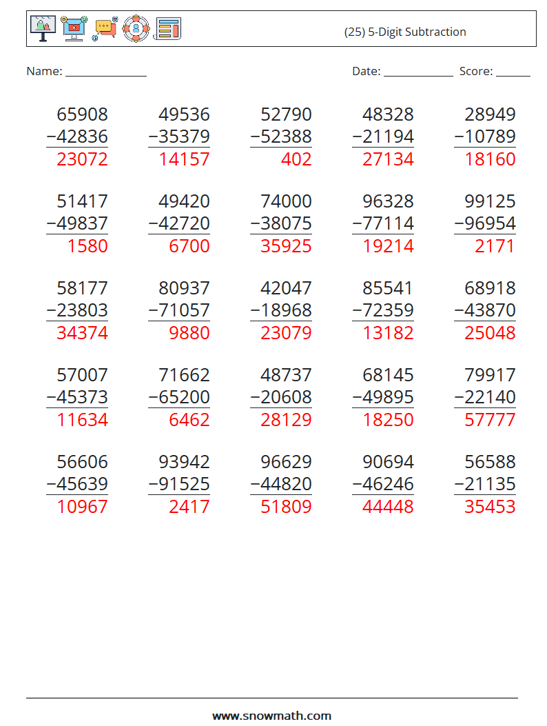 (25) 5-Digit Subtraction Math Worksheets 11 Question, Answer