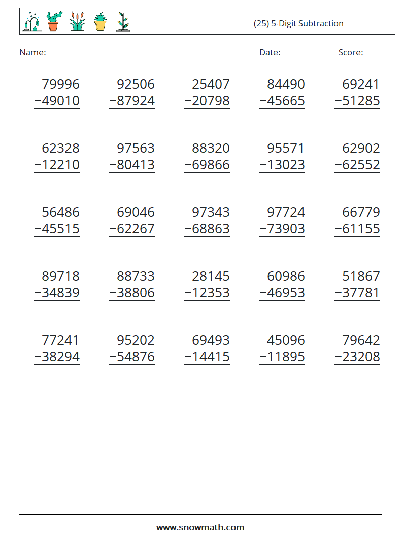 (25) 5-Digit Subtraction Math Worksheets 12