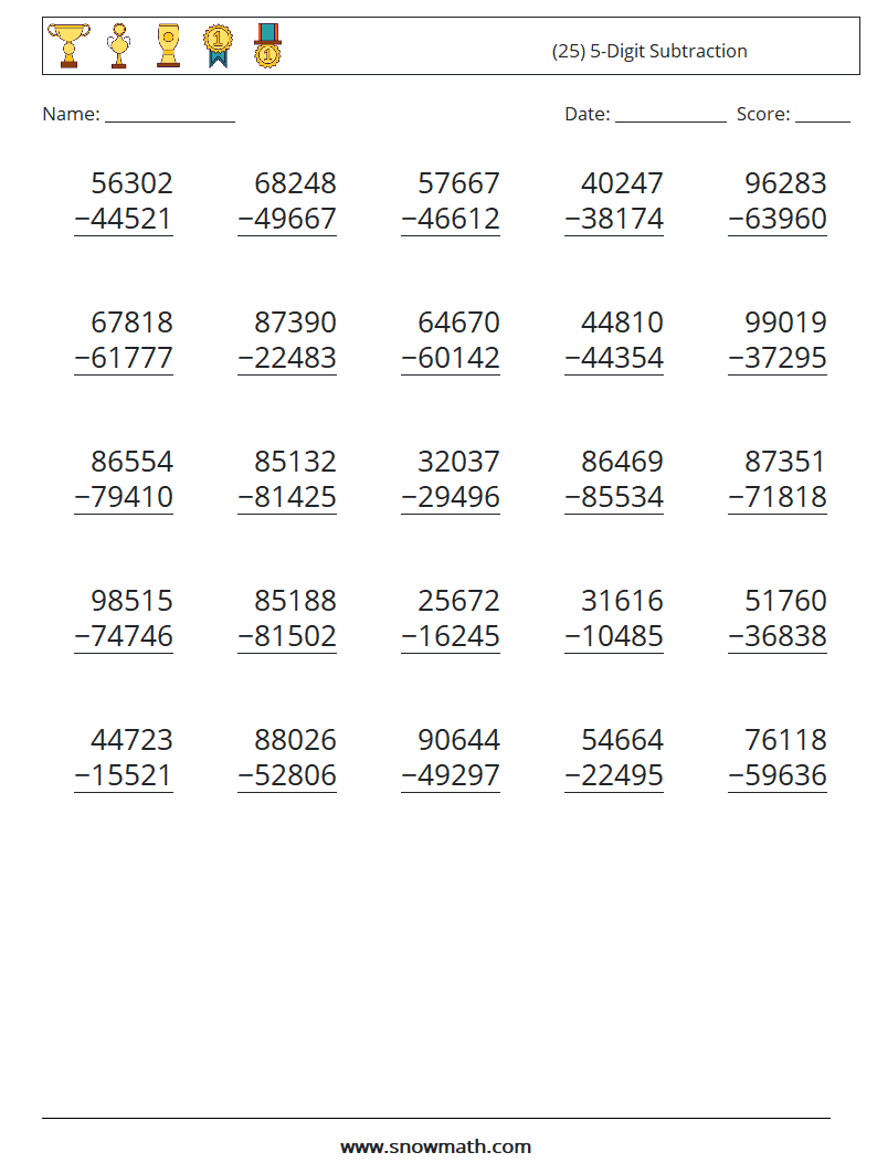 (25) 5-Digit Subtraction Math Worksheets 13