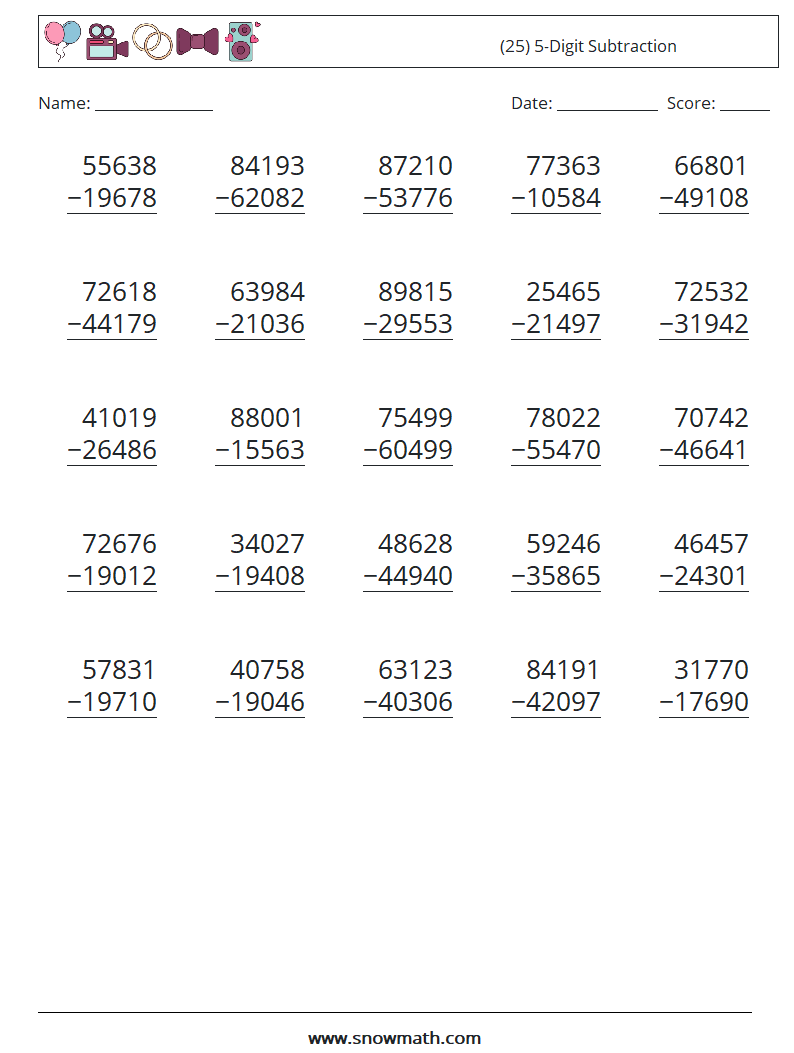 (25) 5-Digit Subtraction Math Worksheets 14