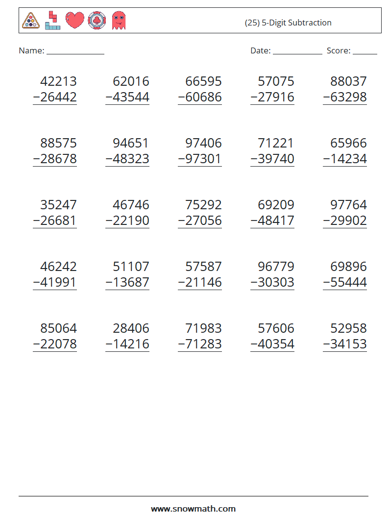 (25) 5-Digit Subtraction Math Worksheets 15