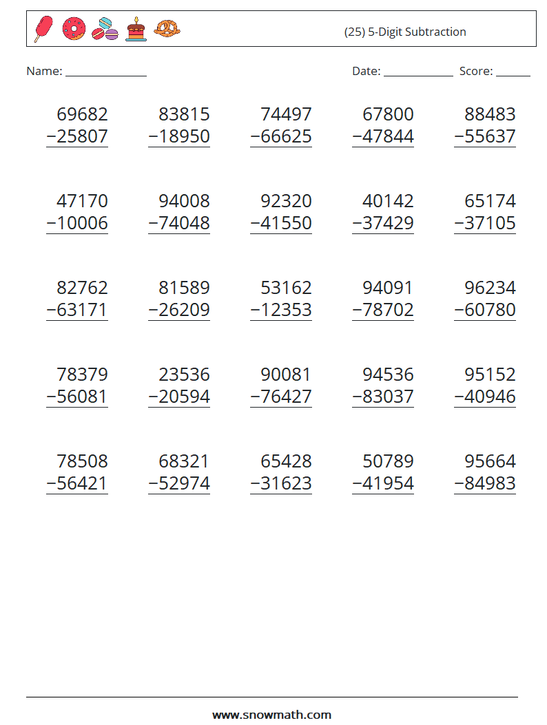 (25) 5-Digit Subtraction Math Worksheets 16