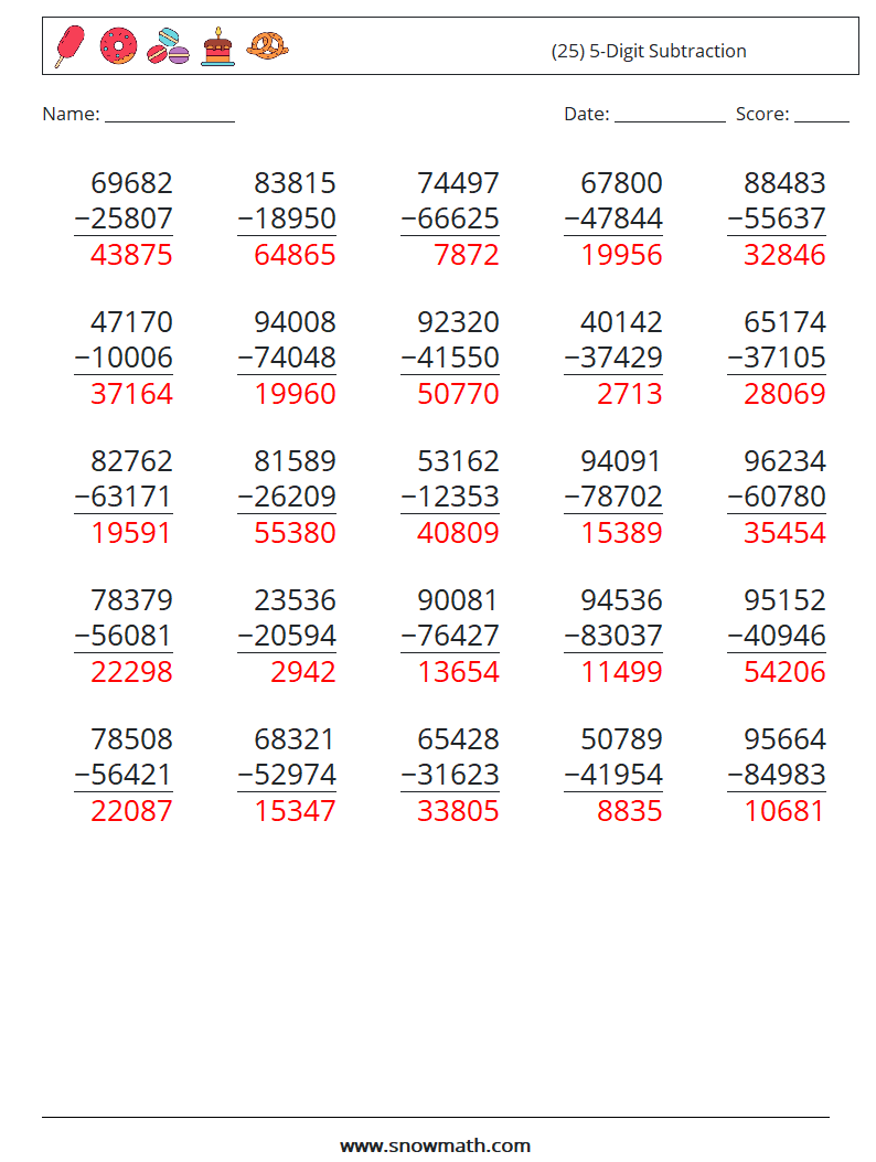 (25) 5-Digit Subtraction Math Worksheets 16 Question, Answer