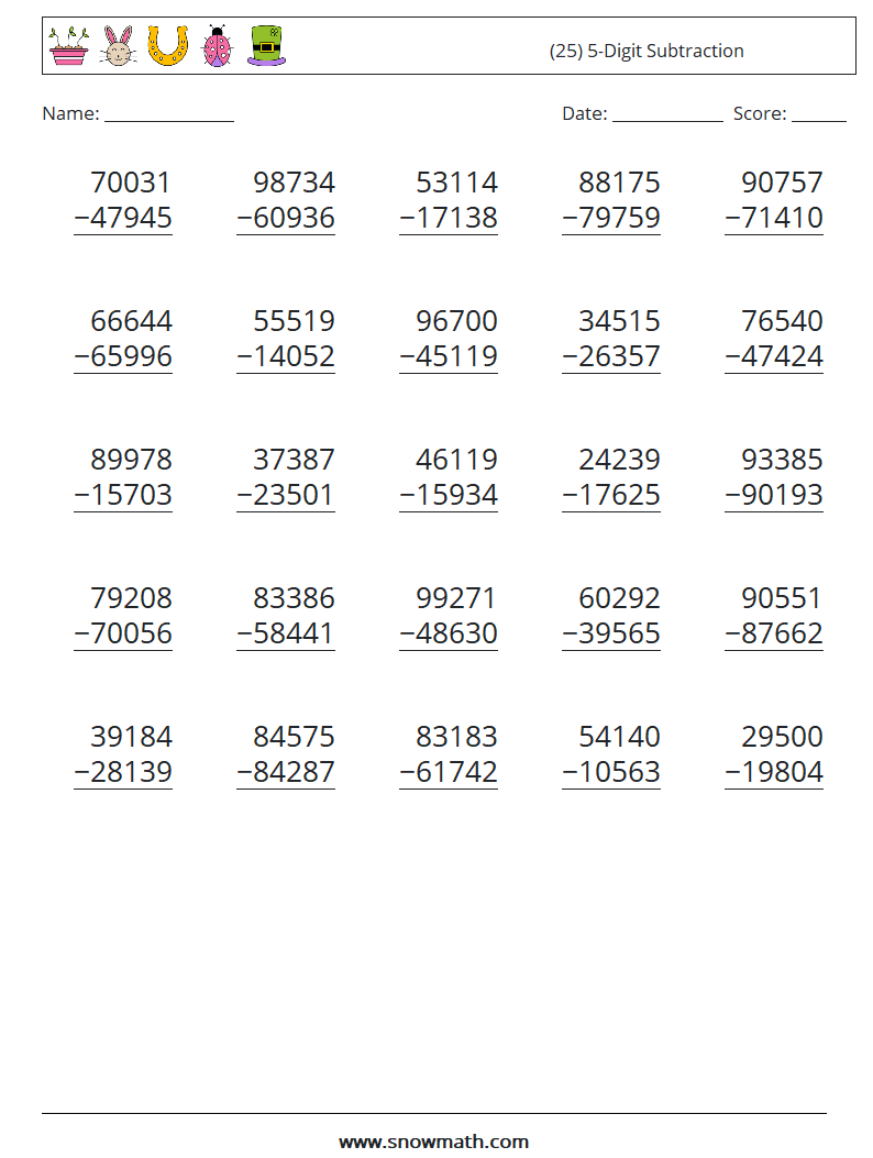 (25) 5-Digit Subtraction Math Worksheets 17