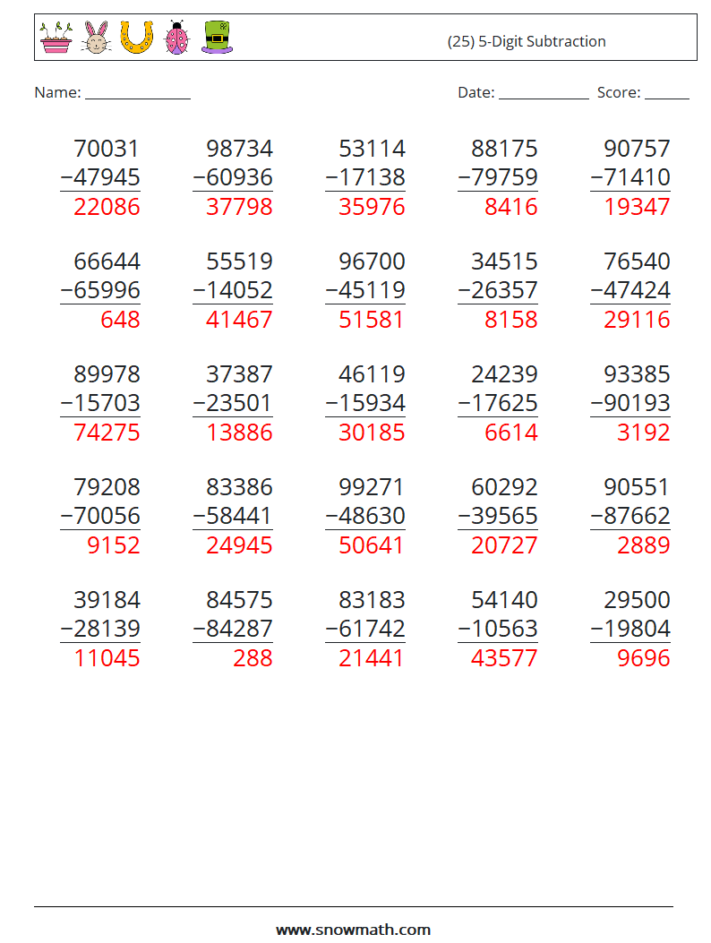 (25) 5-Digit Subtraction Math Worksheets 17 Question, Answer