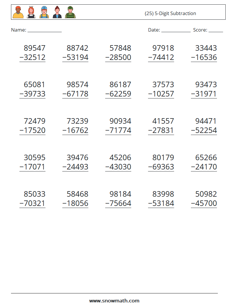 (25) 5-Digit Subtraction Math Worksheets 18