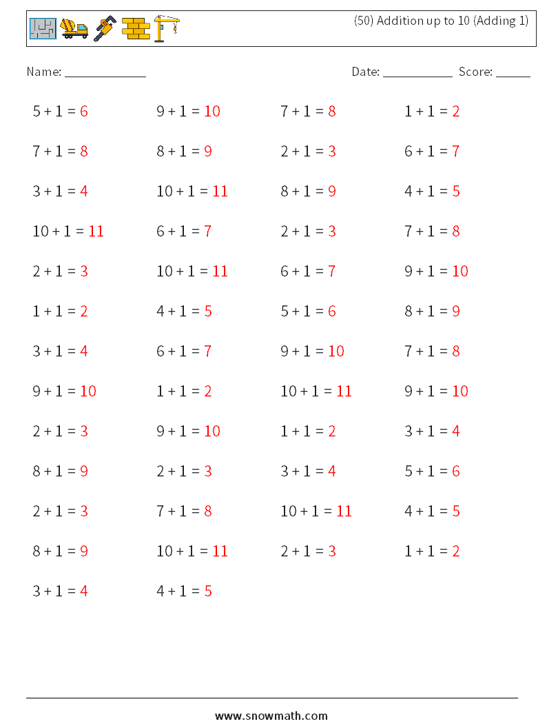 (50) Addition up to 10 (Adding 1) Maths Worksheets 1 Question, Answer