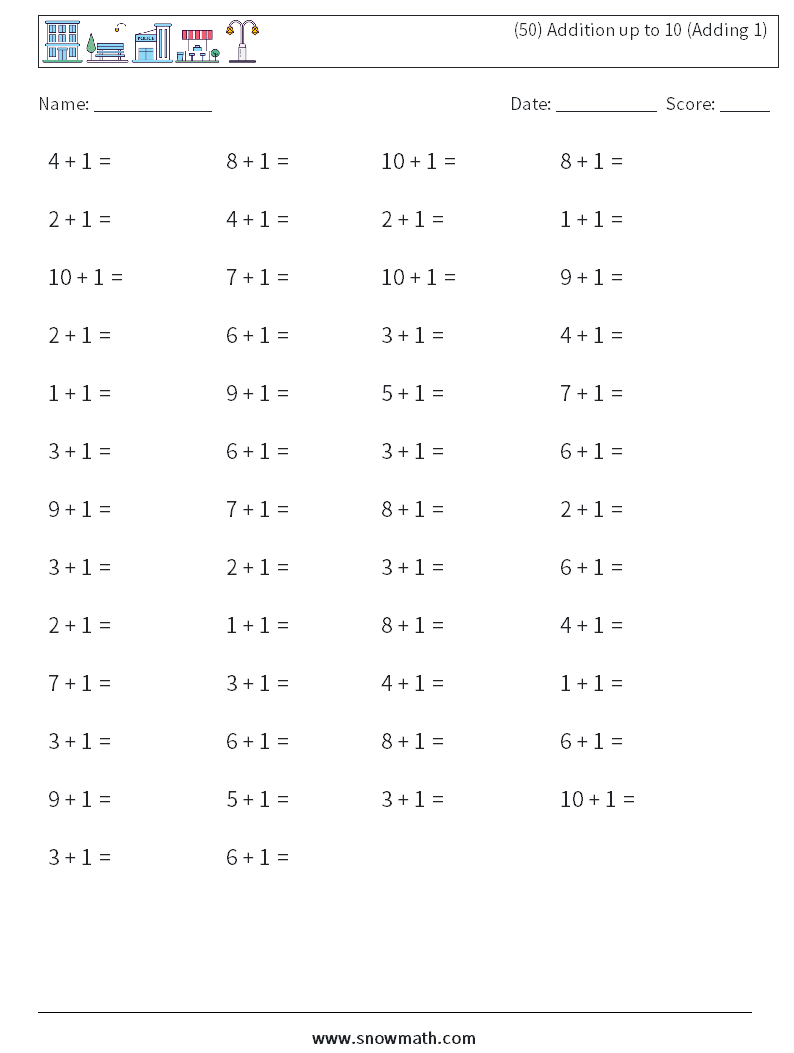 (50) Addition up to 10 (Adding 1) Maths Worksheets 2