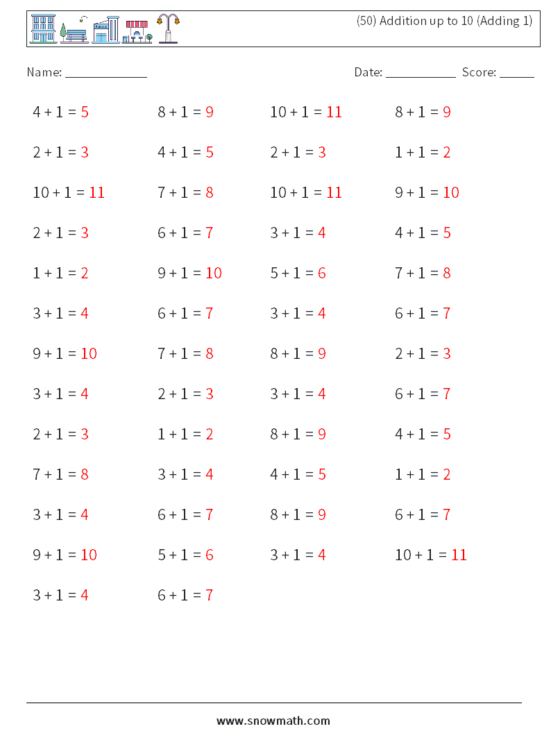 (50) Addition up to 10 (Adding 1) Maths Worksheets 2 Question, Answer